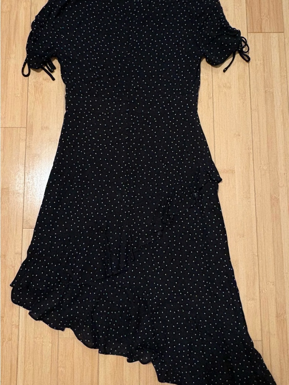 Black Polka Dot V‑Neck Asymmetrical Ruffle Dress Size Small - Picture 2 of 8